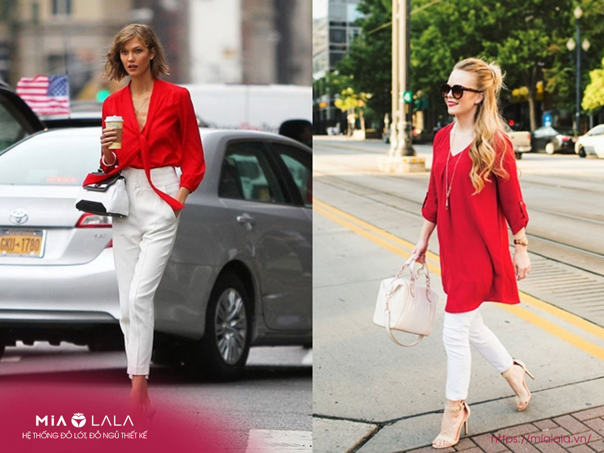 Áo màu đỏ và quần màu trắng