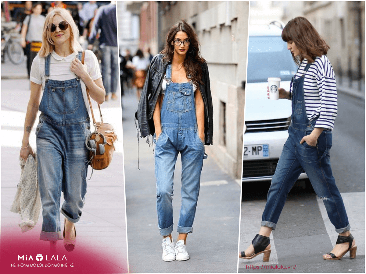 Yếm jeans phối áo phông thời trang theo phong cách basic