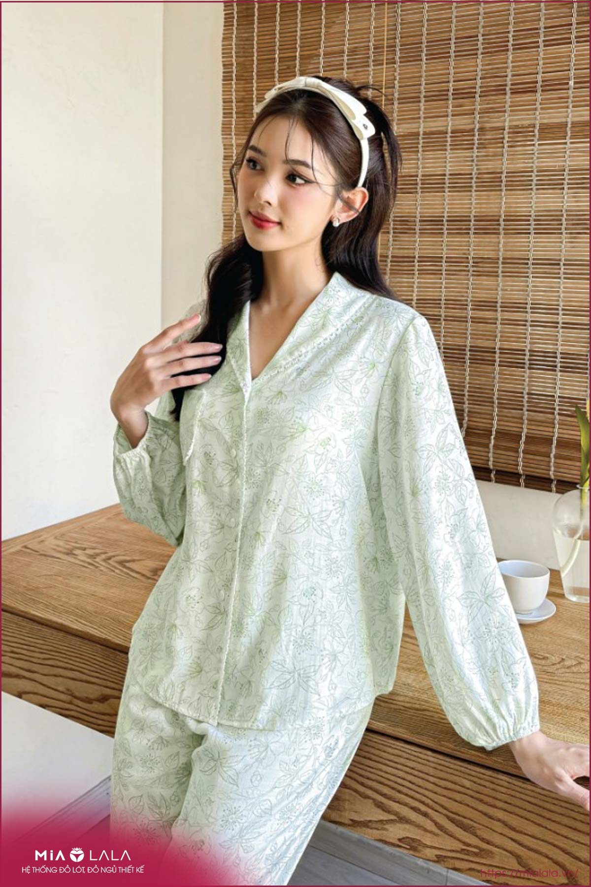 Bộ đồ ngủ nữ mặc nhà pyjama đũi gân dài tay quần dài mềm mịn cho mùa thu  đông