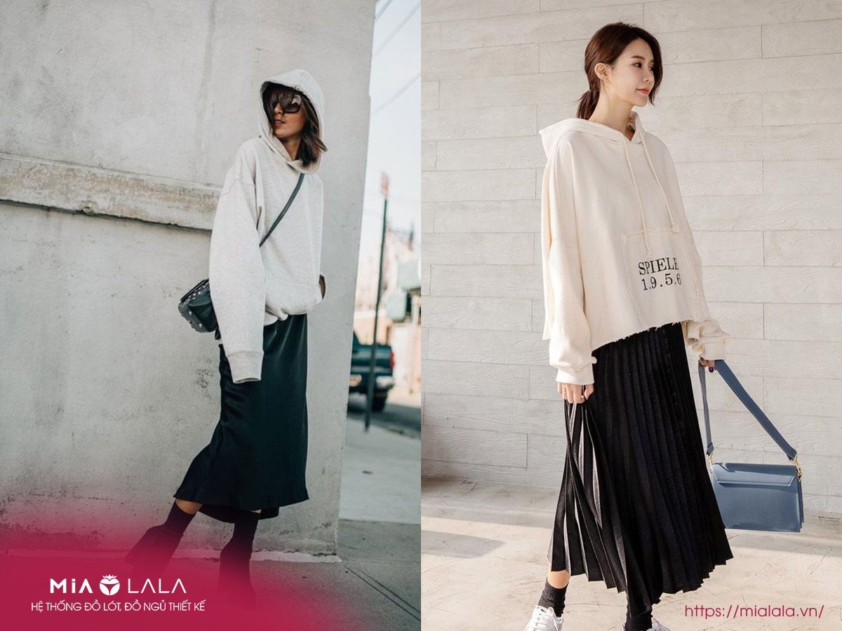 Sự kết hợp giữa hoodie/sweater và chân váy xếp ly luôn năng động và đậm style Hàn Quốc