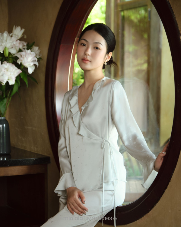 Bộ Mặc Nhà Lụa Nữ TDQD Phong Cách Á Đông Áo Cổ Vạt Chéo Bèo Tay Mềm Mại 
