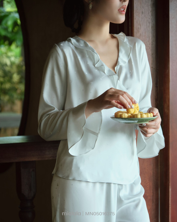 Bộ Mặc Nhà Lụa Nữ TDQD Phong Cách Á Đông Áo Cổ Vạt Chéo Bèo Tay Mềm Mại 